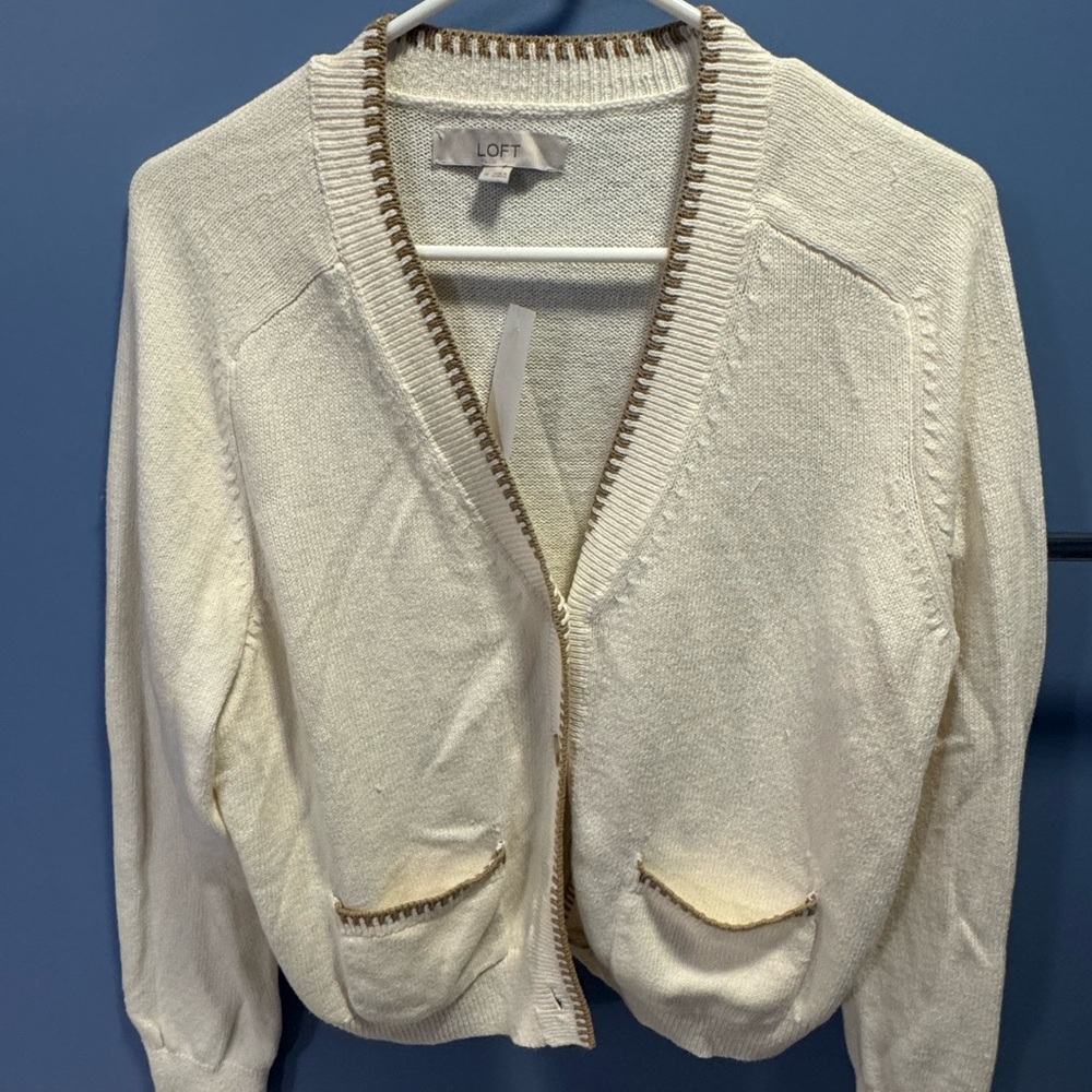 LOFT Cream Cardigan with Tan Trim Size M
